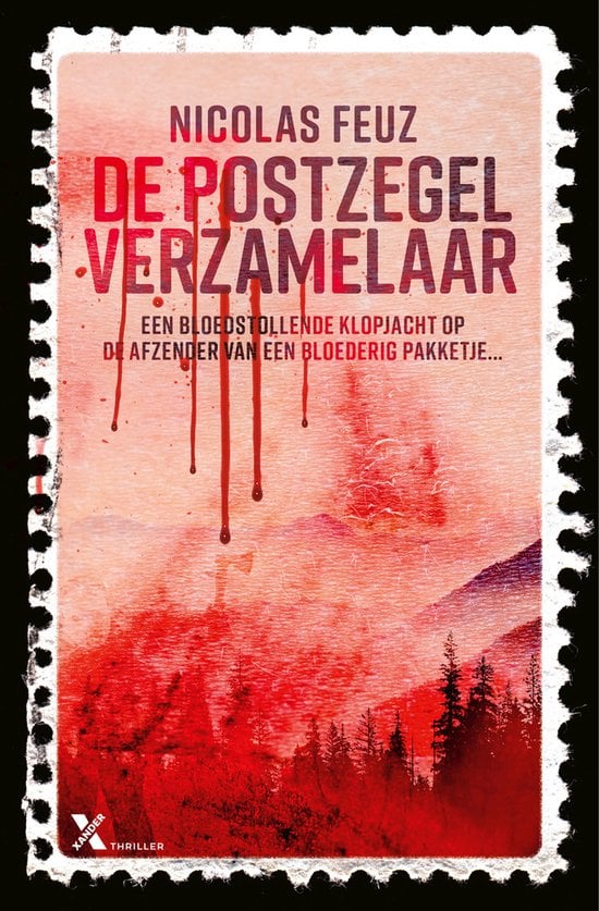 Een grote postzegel met een rode gloed. Op de postzegel zie je bergen en bossen