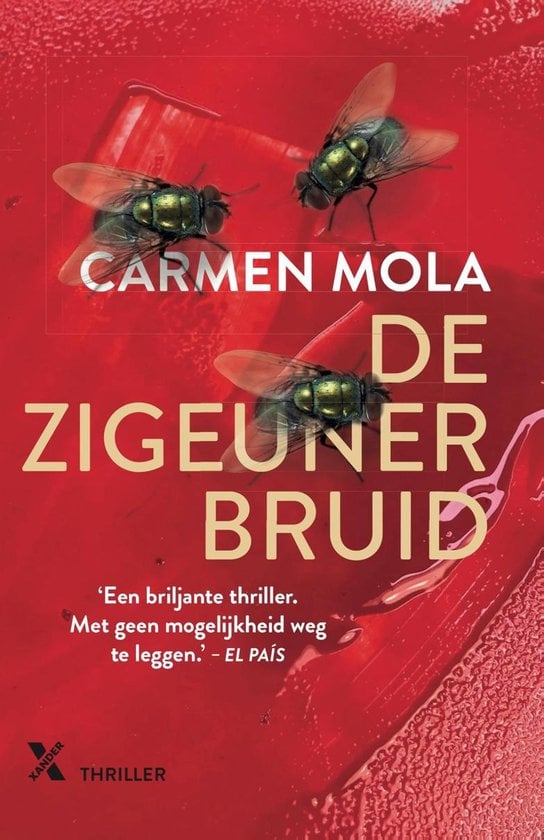 Het omslag is gevuld met bloed en drie strontvliegen.
