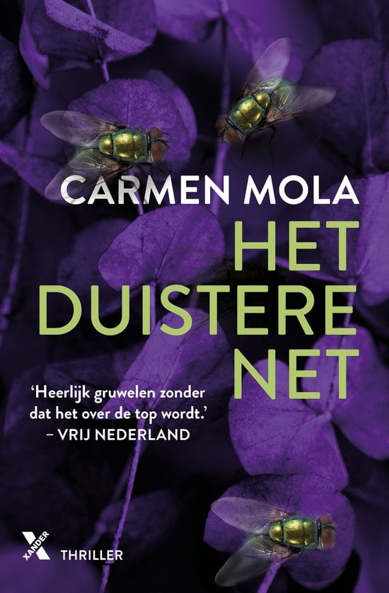 Omslag is gevuld met een paarse bloem. Op de bloem zitten 3 strontvliegen.